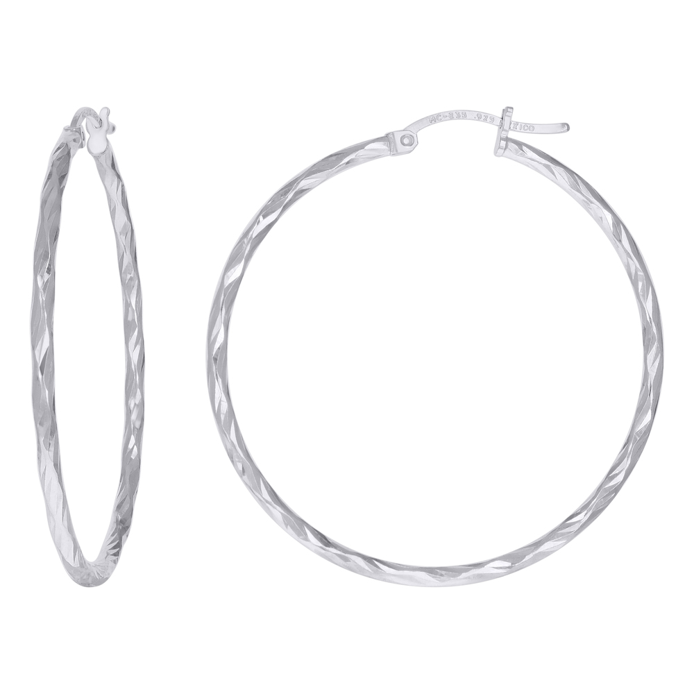925 Sterling Silver Womens Diamond-cut 2mm x 40mm Hoop Earrings